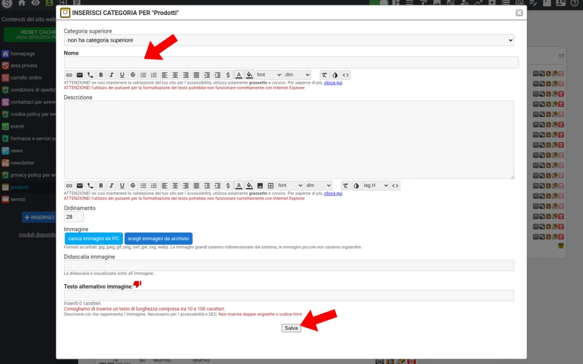 come creare le categorie dei prodotti - compila i dati e salva