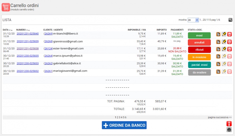 elenco ordini sito web e-commerce - pannello di gestione