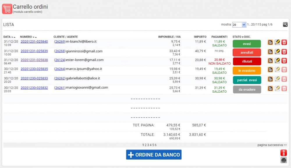 elenco ordini sito web e-commerce - pannello di gestione