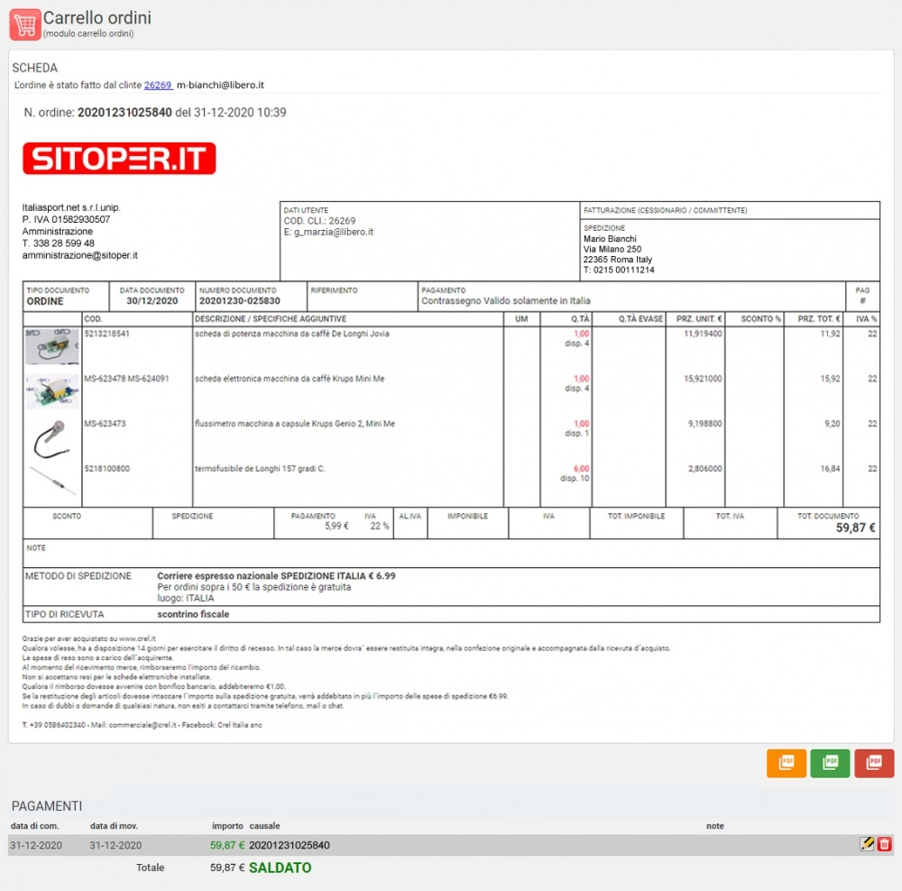 scheda ordine sito web e-commerce - pannello di gestione